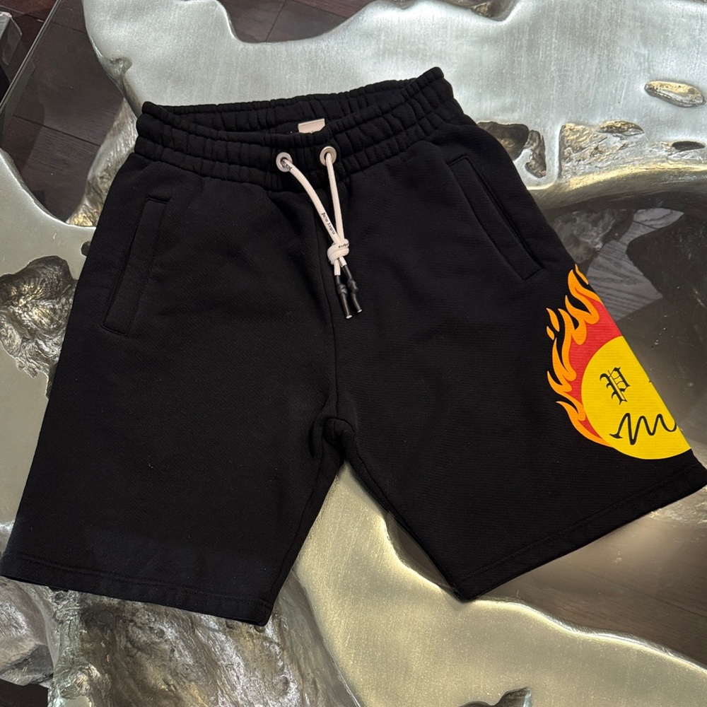 Palm Angels Black Athletic Shorts with Flame Sun Graphic